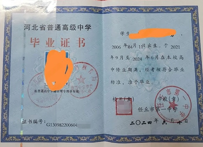 长春任丘市第一中学高中毕业证样本图片